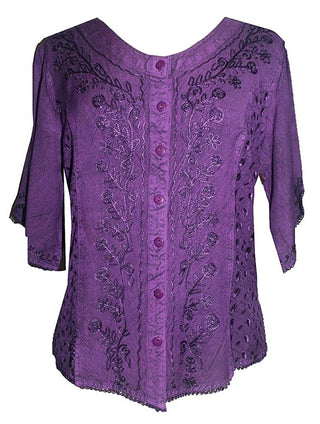 Scooped Neck Medieval  Embroidered Blouse - Agan Traders, Purple