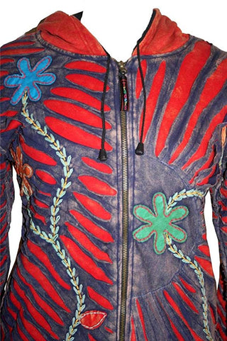 Patch Funky Fleece Lined Bohemian Razor Cut Embroidered Jacket - Agan Traders, Red Multi