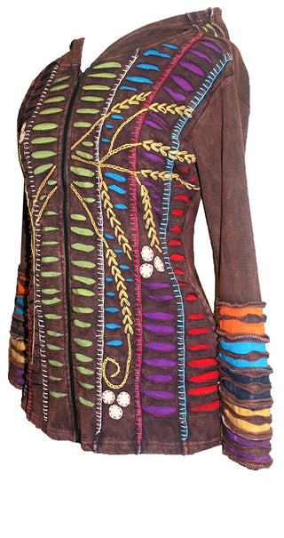 RJ 51 Agan Traders Bohemian Nepal Hoodie Gypsy Knit Cotton Patch Rib Jacket - Agan Traders, Brown Lime