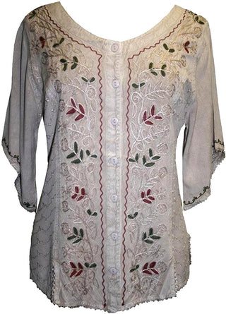 Scooped Neck Medieval  Embroidered Blouse - Agan Traders, Beige