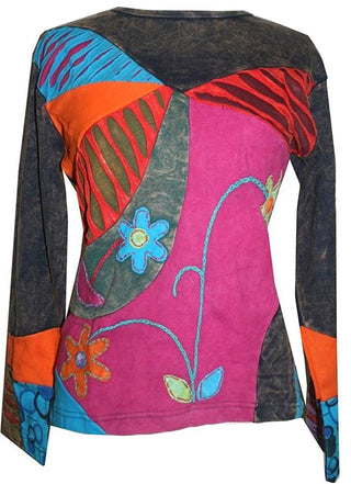 Rib Cotton Patched Embroidered Bohemian Gypsy Blouse - Agan Traders, Magenta Multi