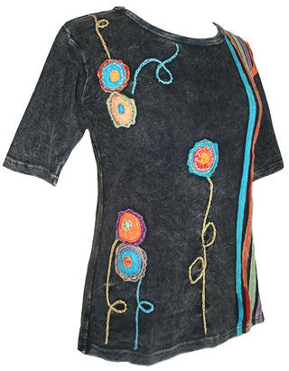 R 015 Agan Traders Knit Cotton stripe flower Boho Gypsy Top Blouse - Agan Traders, Black