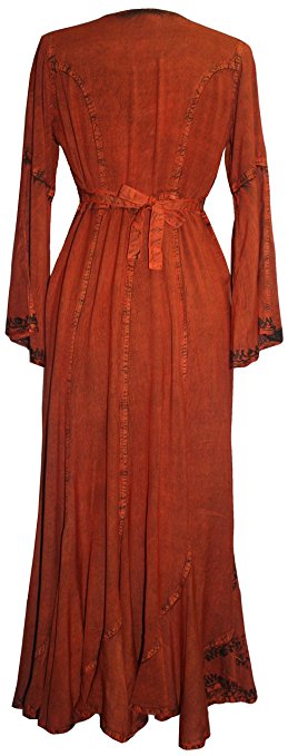 Peasant Embroidered Bell Sleeve Scalloped Hem Dress Gown - Agan Traders, Orange Rust