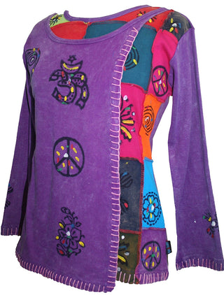 Knit Cotton Hand Brush Painted Bhoto Style Top Blouse - Agan Traders, Purple