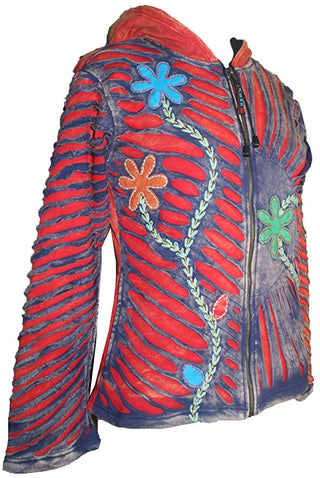 Patch Funky Fleece Lined Bohemian Razor Cut Embroidered Jacket - Agan Traders, Red Multi