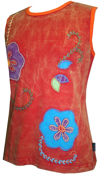 R 113 Rib Cotton Patch Floral Embroidered Sleeveless Tee Shirt - Agan Traders, Red Burgundy