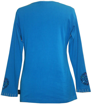Knit Cotton Hand Brush Painted Bhoto Style Top Blouse - Agan Traders, Turquoise