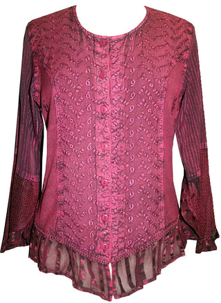 Embroidered Netted Ruffle Sleeve Blouse - Agan Traders, Burgundy