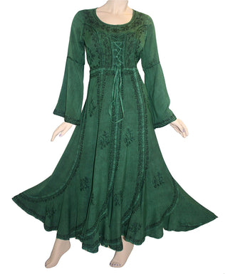 Peasant Embroidered Bell Sleeve Scalloped Hem Dress Gown - Agan Traders, Green