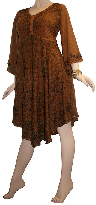 Medieval Roman Embroidered Bell Sleeve Flare Knee Length Baby Doll Dress - Agan Traders, Rust