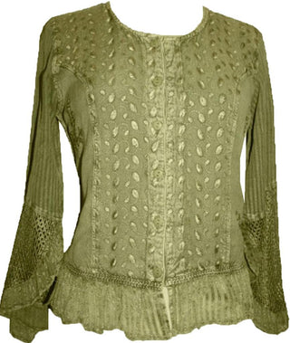 Embroidered Netted Ruffle Sleeve Blouse - Agan Traders, Olive
