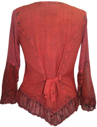 Embroidered Netted Ruffle Sleeve Blouse - Agan Traders, Red