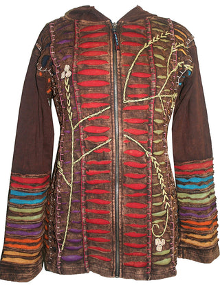 RJ 51 Agan Traders Bohemian Nepal Hoodie Gypsy Knit Cotton Patch Rib Jacket - Agan Traders, Brown Red