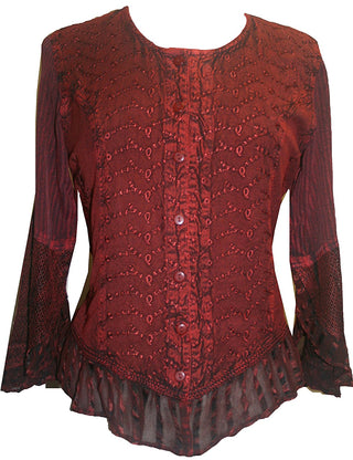 Embroidered Netted Ruffle Sleeve Blouse - Agan Traders, Wine Burgundy