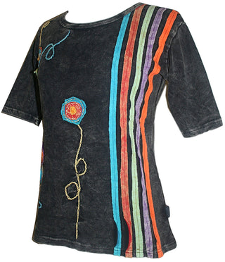 R 015 Agan Traders Knit Cotton stripe flower Boho Gypsy Top Blouse - Agan Traders, Black