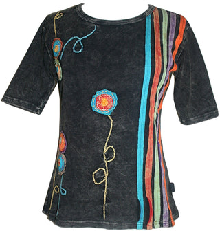 R 015 Agan Traders Knit Cotton stripe flower Boho Gypsy Top Blouse - Agan Traders, Black