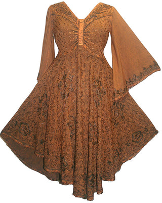 Medieval Roman Embroidered Bell Sleeve Flare Knee Length Baby Doll Dress - Agan Traders, Rust