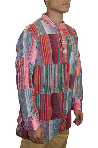 Cotton Patchwork Mandarin Style Light Weight Tunic Shirt Nepal - Agan Traders, Maroon Multi