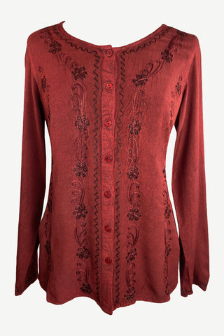 Women's Boho Medieval Embroidered Button-Down Full Sleeve Shirt Blouse﻿ - Agan Traders, Burgundy