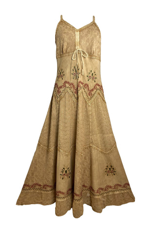 600 DR Rayon Womens Embroidered Long Spaghetti Strap Sexy Summer Sun dress - Agan Traders, Camel