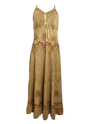600 DR Rayon Womens Embroidered Long Spaghetti Strap Sexy Summer Sun dress - Agan Traders, Camel