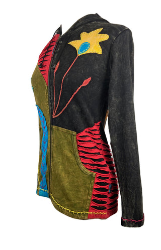 R 344 Agan Traders Cotton Razor Cut Embroidered Bohemian Hoodie Knit Cotton Rib Jacket Nepal - Agan Traders, Multi