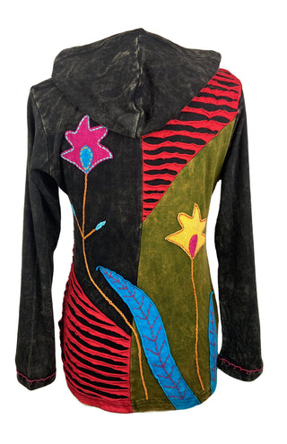 R 344 Agan Traders Cotton Razor Cut Embroidered Bohemian Hoodie Knit Cotton Rib Jacket Nepal - Agan Traders, Multi