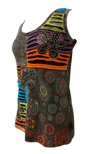  124 RB Knit Stonewashed Sleeveless Embroidered Printed Blouse - Agan Traders, Multi