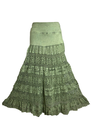 21494 SKT Cotton Full Heavy Lace Tiered Lined Long Broom Skirt - Agan Traders, Sea Green