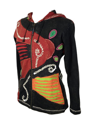 R 346 Agan Traders Nepal Rib Embroidered Cotton Bohemian Hoodie Jacket - Agan Traders, Black Red