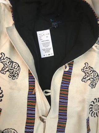 402 JKT Cotton Printed Fleece Lined Auspicious Symbols Tibetan Hoodie Jacket - Agan Traders, Off White