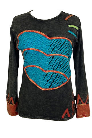 R 006 Agan Traders Rib Cotton Heart Patched Funky Boho Gypsy Top Blouse - Agan Traders, Multi