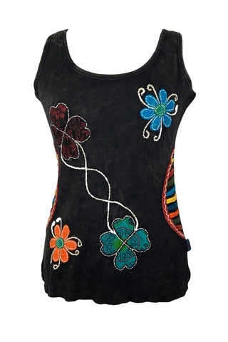 0080 RB Soft Knit Sleeveless Wide Strap Embroidered Tank Top Blouse - Agan Traders, Black