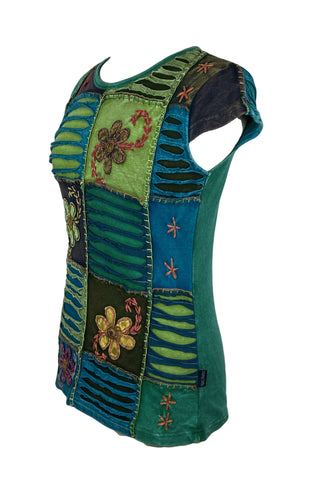Knit Cotton Boho Razor Cut Embroidered Cap Sleeve Top Blouses - Agan Traders, Green