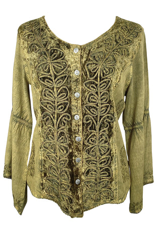 Renaissance Vintage Rayon Velvet Renaissance Top Blouse - Agan Traders, Olive