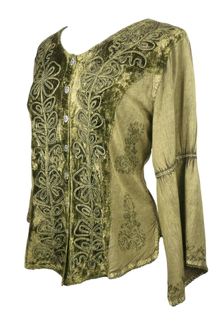 Renaissance Vintage Rayon Velvet Renaissance Top Blouse - Agan Traders, Olive