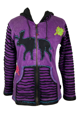 R 332 Agan Traders Rib Cotton Reindeer Bohemian Warm Fleece Hoodie Jacket - Agan Traders, Purple Black