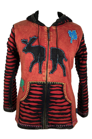 R 332 Agan Traders Rib Cotton Reindeer Bohemian Warm Fleece Hoodie Jacket - Agan Traders, Black Red