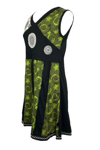 Women's Gypsy Tribal Boho Knit Cotton Asymmetrical Printed Maxi Dress - Agan Traders, Olive Black