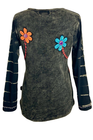 Knit Cotton Flower Embroidery Cotton Bohemian Top Blouse - Agan Traders, Charcoal