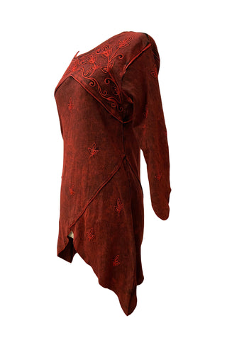 R 303 B Rib Knit Cotton Asymmetrical Hem Embroidered 3/4 Sleeve Tunic Blouse - Agan Traders, Burgundy