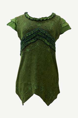 R 304 B Knit Cotton Round Neck Gauzy Lace Embroidered Cap Sleeve Tunic Blouse - Agan Traders, Green