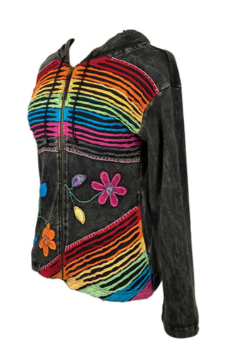 RJ 351 Agan Traders Hand Crafted Rainbow Razor Cut Embroidered Cotton Bohemian Hoodie Jacket - Agan Traders, Rainbow