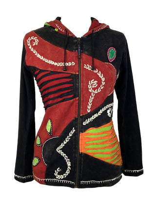 R 346 Agan Traders Nepal Rib Embroidered Cotton Bohemian Hoodie Jacket - Agan Traders, Black Red