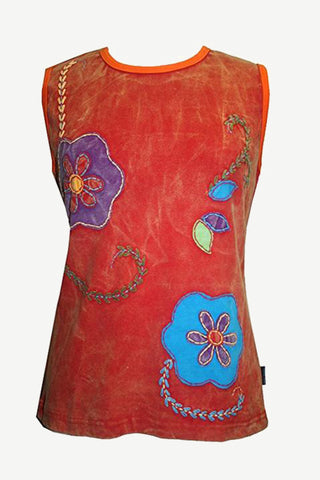 R 113 Rib Cotton Patch Floral Embroidered Sleeveless Tee Shirt - Agan Traders, Red Burgundy