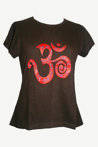 Om Embroidered Stretchy Yoga Tee - Agan Traders, Choco Brown