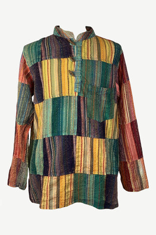 Cotton Patchwork Mandarin Style Light Weight Tunic Shirt Nepal - Agan Traders, Yellow Multi